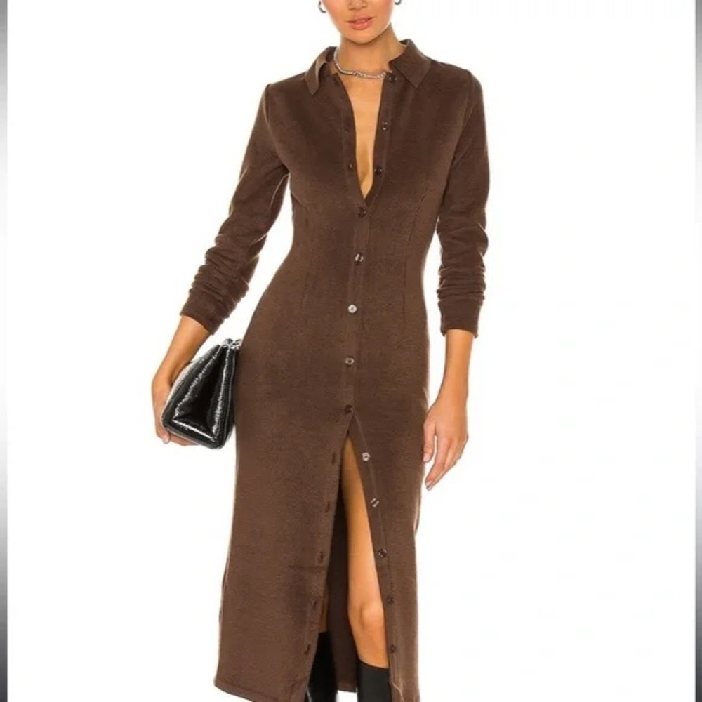 Danielle Guido collared button up sweater midi dress in chocolate brown